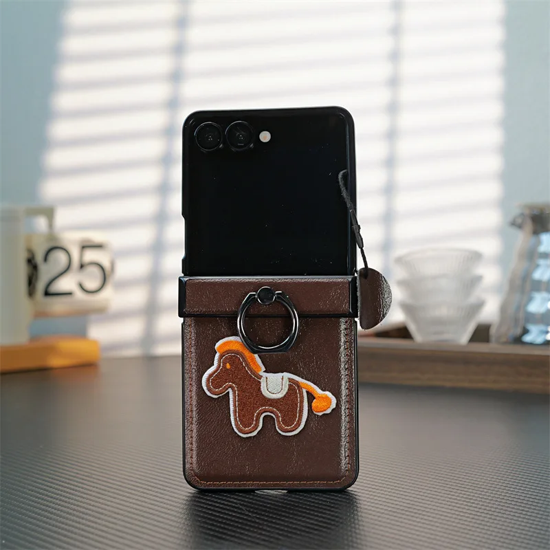 Premium PU Leather Embroidered Horse Folding Phone Case with Finger Ring Holder