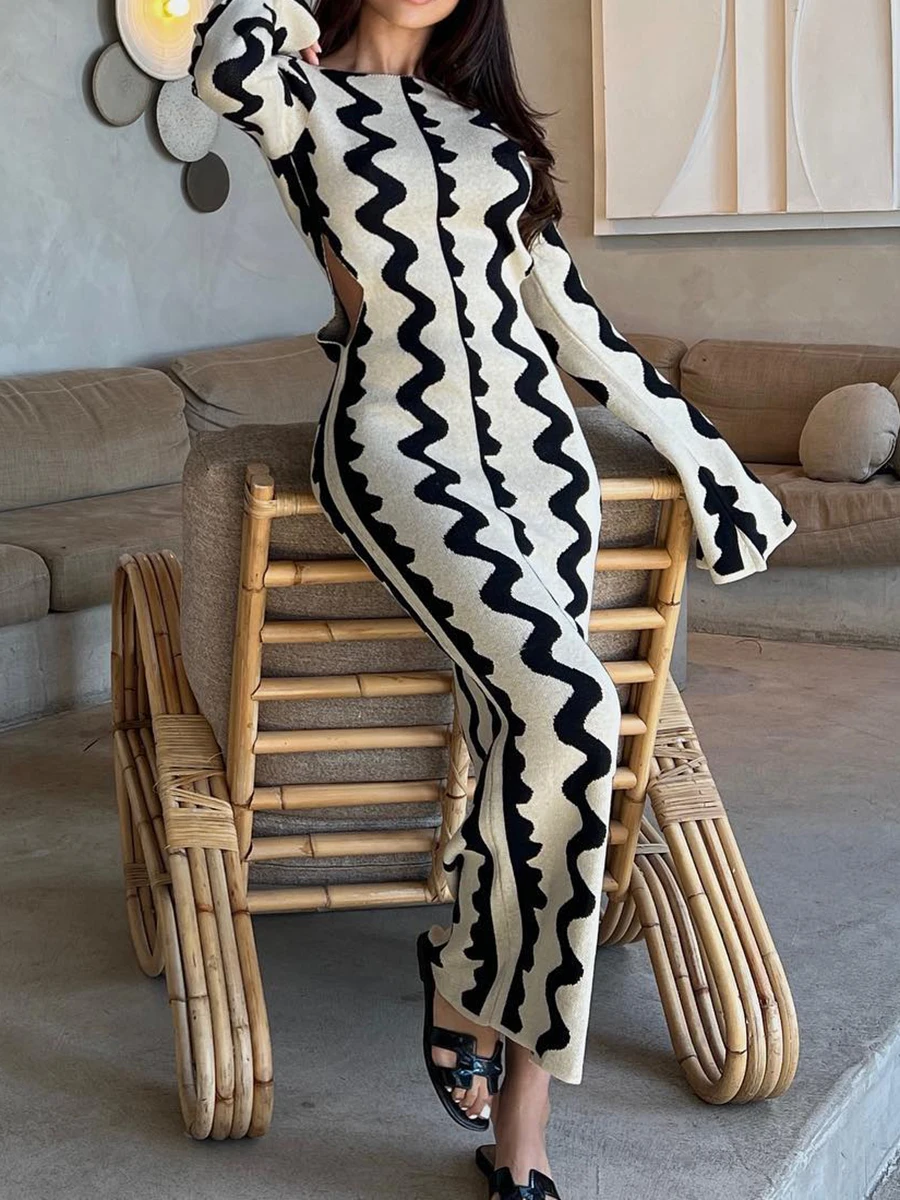 

Women Casual Knit Crochet Long Dress Striped Long Sleeve Hollowed Color Block Bodycon Street Party Midi Dress