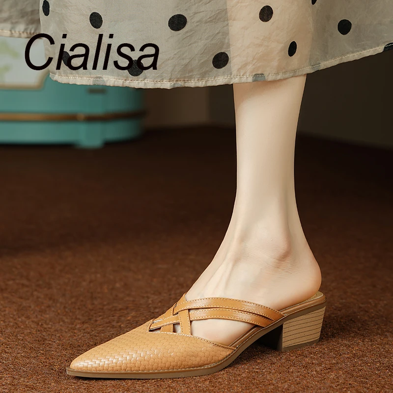 

Cialisa Pointed Toe Slippers 2023 Summer Fashion Mules Women Shoes Weave Genuine Leather Handmade Ladies Mid Heel Slipper Black