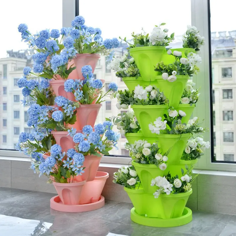 DIY 4~7 Tier Vertical Planter Stackable Tower Planters Strawberry Vegetable Pots Indoor Outdoor Gardening Pots with Movable Tray