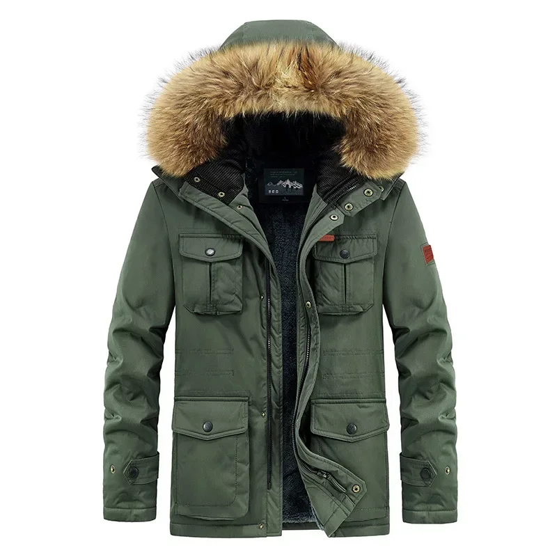 2023 New Autumn and Winter Men's New Plush Thickened Mid Length Hooded Cotton Jacket Casual Youth Thickened Jacket Large Size