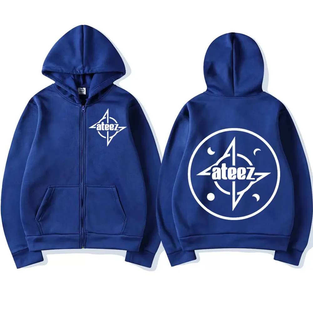 Boy Band Ateez Double Sided Print Zipper Hoodies Men Women Fashion Vintage Zip Up Pullovers Street Trend Hip Hop Zip Sweatshirts