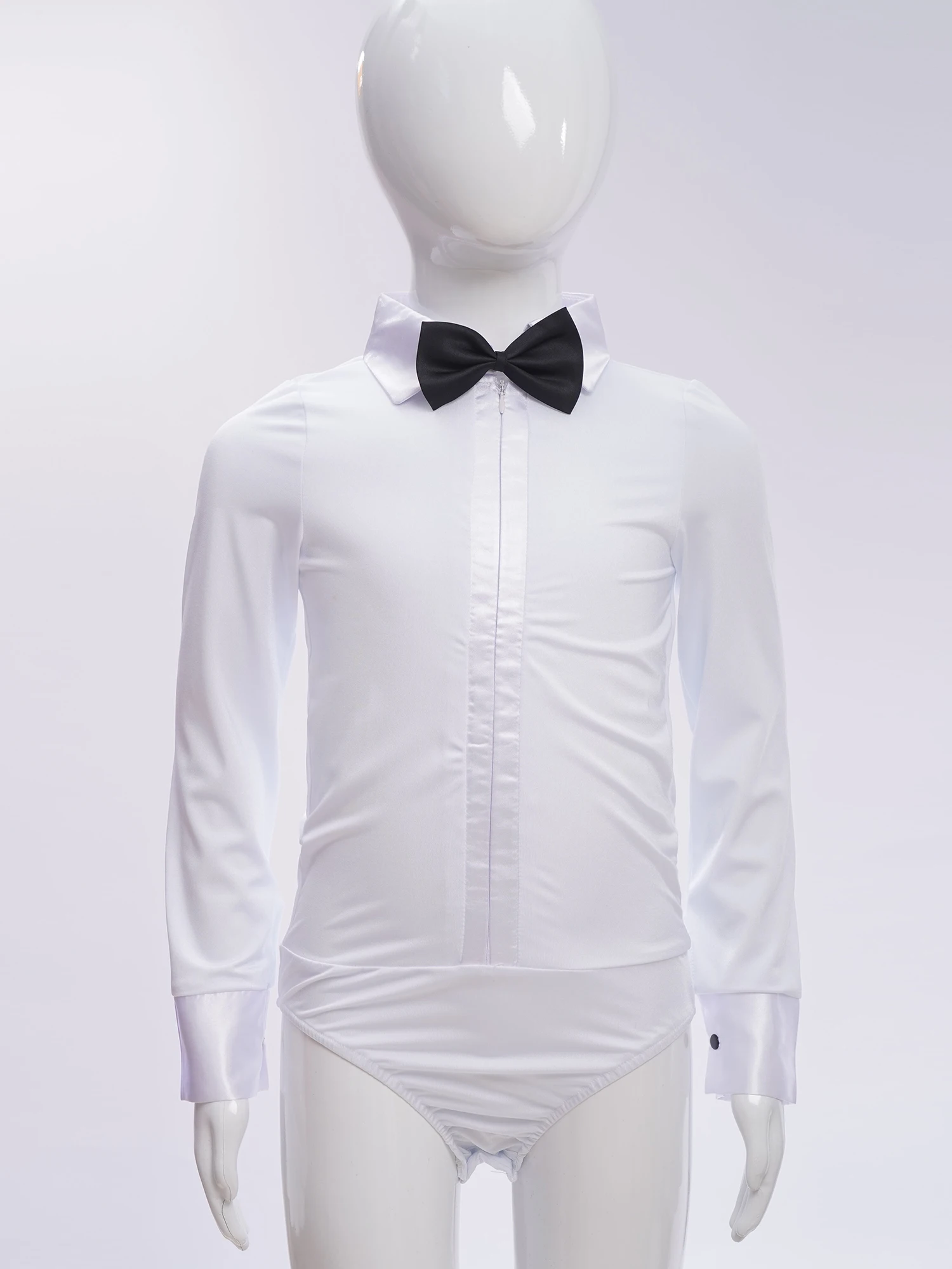 Kids Boys One-Piece Latin Dance Bodysuit Top Modern Costume Long Sleeve Bowtie Romper Shirt Leotard Child Salsa Tango Dance Wear dance bodysuit