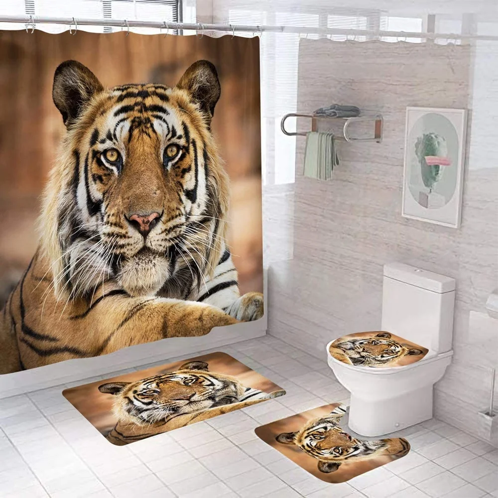 US Wildlife Tiger Shower Curtain Antislip Bath Mat Pedestal Lid Toilet Cover Rug 