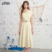 ELFSACK Elegant Polo Shirt Dress, Puff Sleeve Waist Belted Lapel Midi Dress, Summer Dress for Women’s Casual Office Outfit