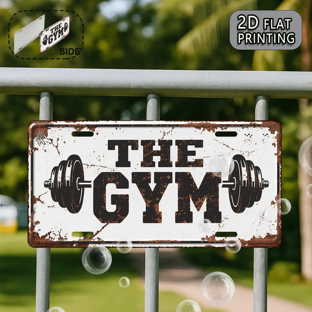 2D 평면, 1개 빈티지 체육관 금속 간판 -15x30cm 알루미늄 벽 장식, 'THE GYM' 텍스트 및 바벨 디자인, 러스틱 홈 짐