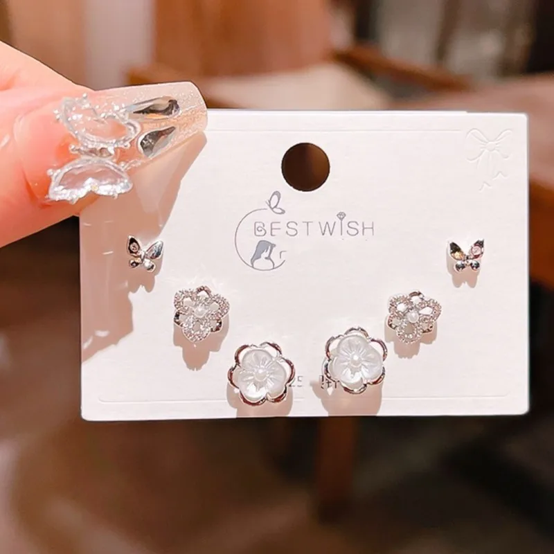 6Pcs/set Tiny Flower Butterfly Zircon Stud Earrings Sets for Women 2024 New Trend White CZ Earrings Fashion Jewelry Sets