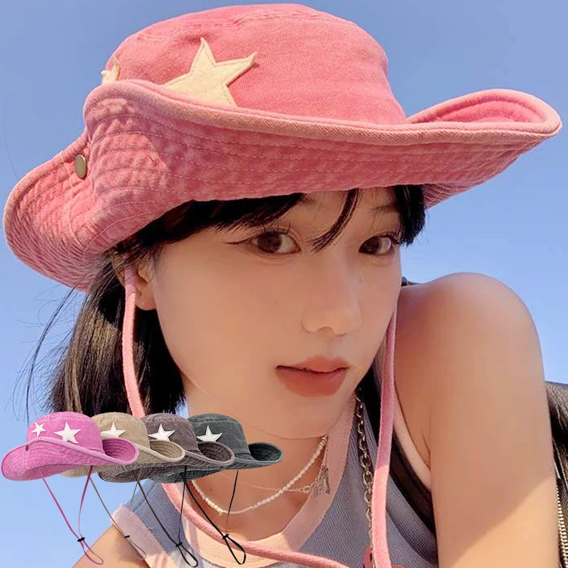Hot Sale Punk Stars Bucket New Summer Y2K Star Pink Retro Big Brim Outdoors Sun Protection Girl Cowboy Hat Casual Jazz Cap_senzul.com