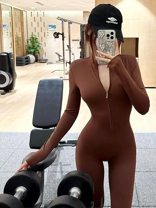 New Women's Fitness Yoga Suit One-Piece Suits Tight Long Sleeve Sport Dance Training Tight Pants Low Waist Short Pants - 3