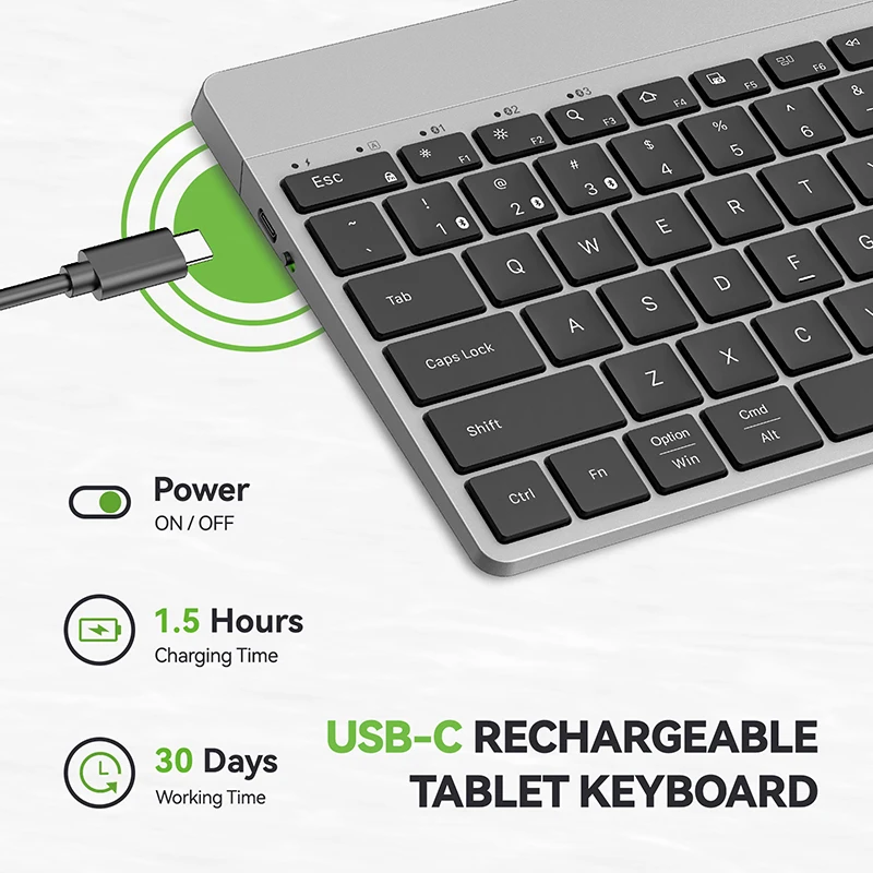 Teclado Magro Recarregável sem Fio de Bluetooth 5.1 com Suporte Deslizante Universal Silencioso Mini Teclado Portátil para Ipad Tablet - Imagem 6