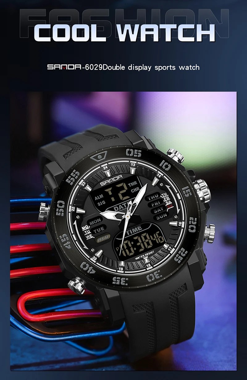 2023 Men Watches Sport Military Quartz Watch 50M Waterproof Wristwatch for Male LED Digital Clock Relogios Masculino SANDA 6029
