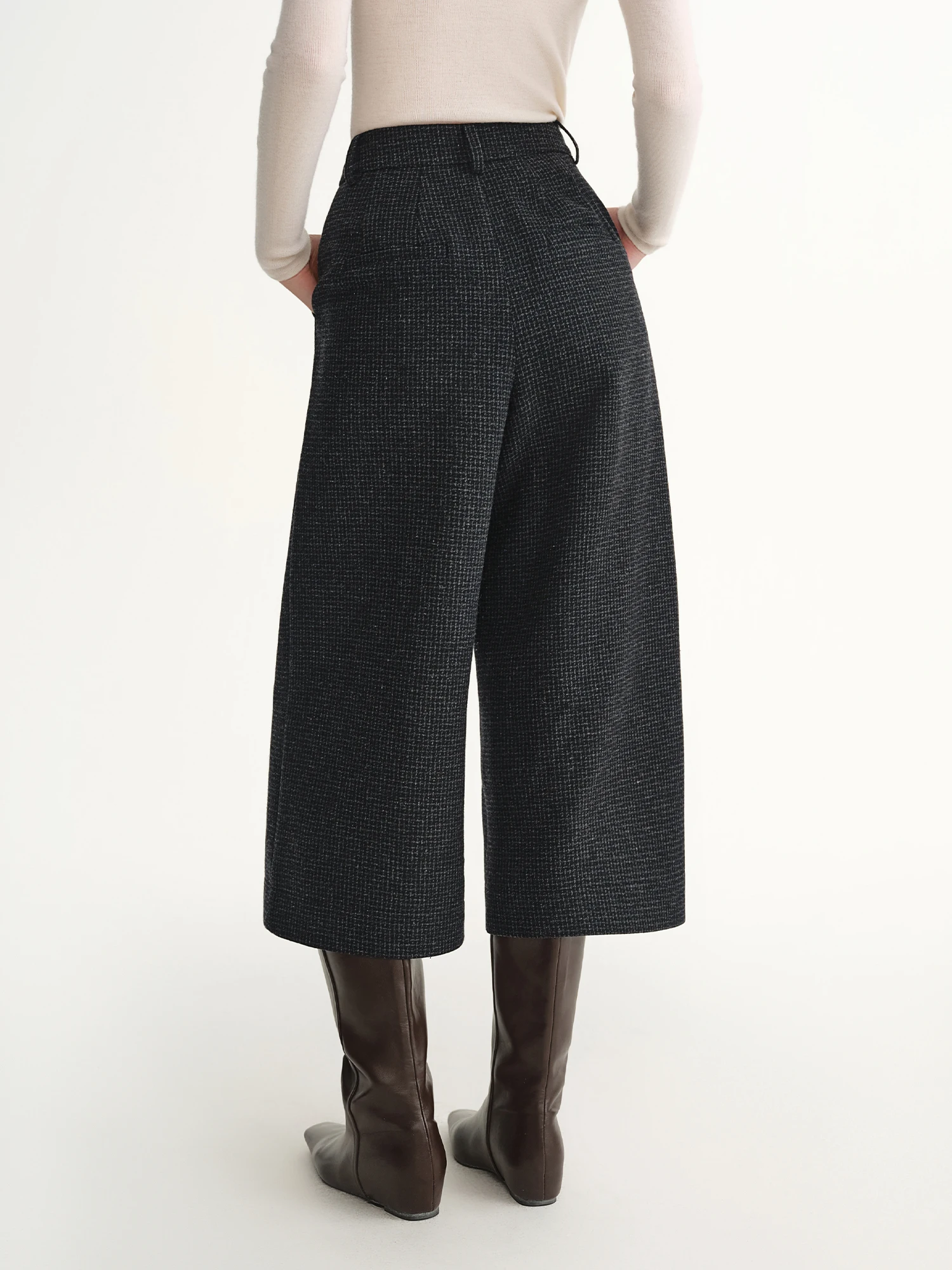 DUSHU Plus-Size Gray Wool Blend Fine Check Cropped Casual Pants 2025 Winter High-Waisted Calf-length Straight British Style