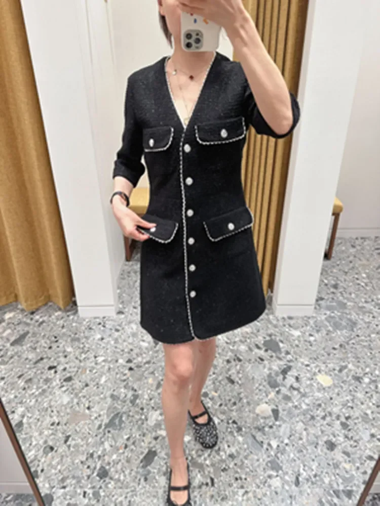 

Women Tweed Dress Wave Edge Trim V-Neck Single Breasted Short Sleeve Elegant Mini Robe