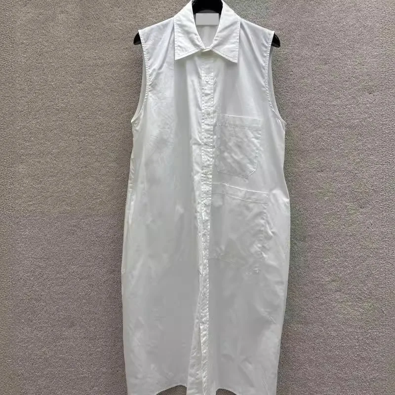 

2024 high quality solid color shirt skirt casual lazy double pocket design sleeveless dress summer