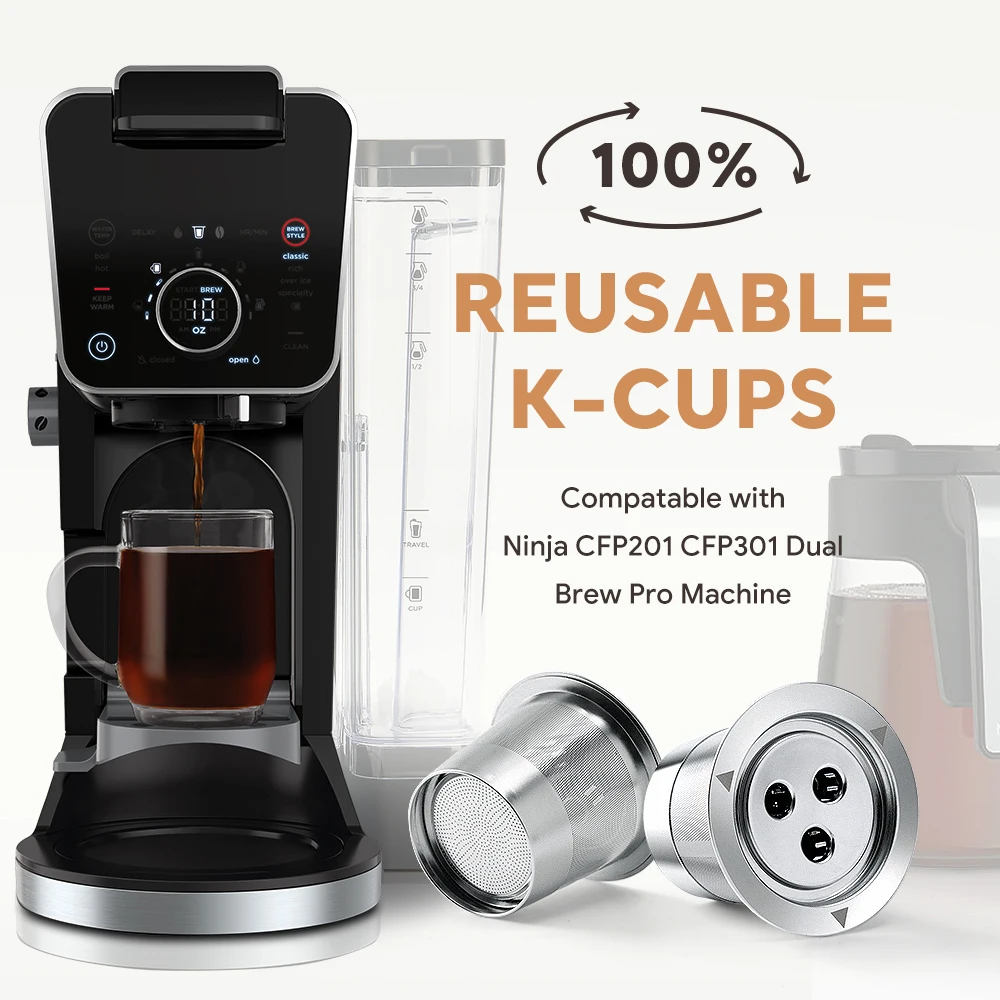 Reusable K Cups Coffee Pod Filters Stainless Steel Refillable k-Cups for Keurig Ninja CFP201 CFP301 Dual Brew Pro Machine