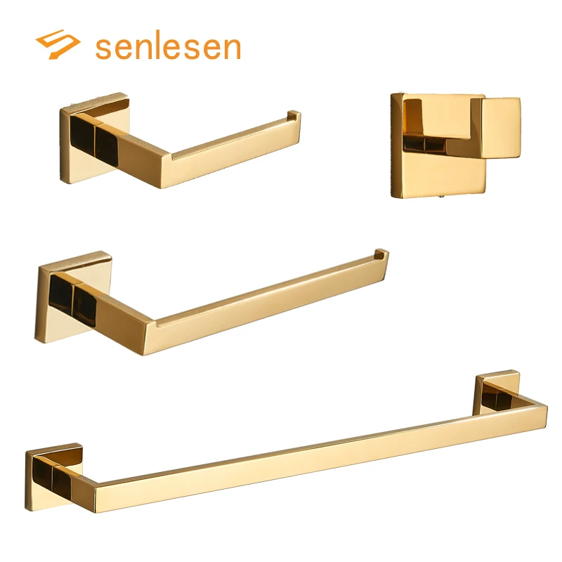 Senlesen Golden Bathroom Accessories Sets 4pcs towel hook toilet paper holder bathroom hardware set bathroom hardware accessories Wall Mount Towel Bar Robe Hooks Toilet Paper Roll Holder Stainless Steel Hardware