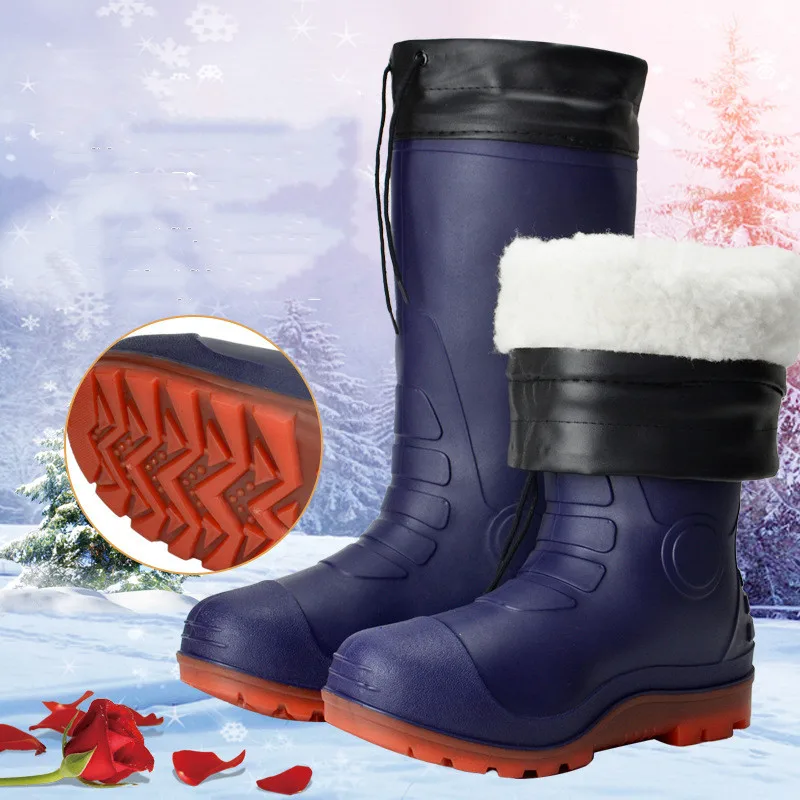 Winter Warm Men High Drum Rain Shoes Cotton Overshoes Thickened Plush Rubber Boots Waterproof AntiSlip Work Car Washing Fishing