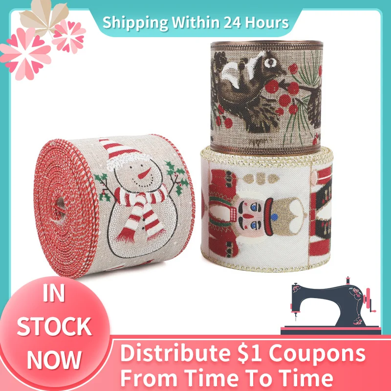 

Wholesale 10 Yards / Roll Christmas Ribbon Ornament Imitation Hemp With Iron Wire Edge Christmas Snowman Elk Ribbon 6.3 cm