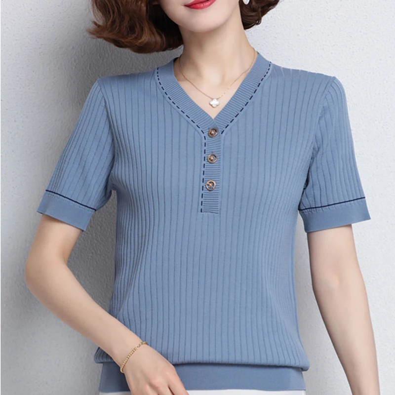 

2023 Summer Casual Tee Shirt Femme V Neck Short Sleeve T Shirt For Women Knitted Top New Ice Silk Black Tshirt Female Clothes