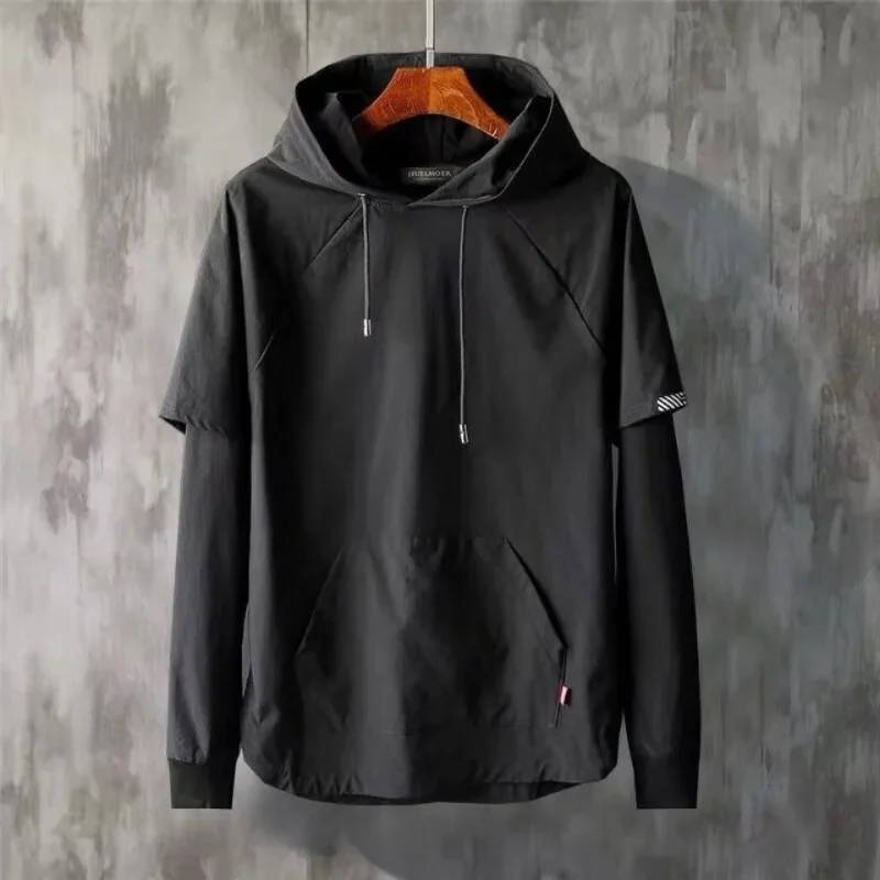 

Новинка 2024, весенне-осенний модный трендовый простой свободный непринужденный Свитер оверсайз с карманами и капюшоном, имитация двух предметов