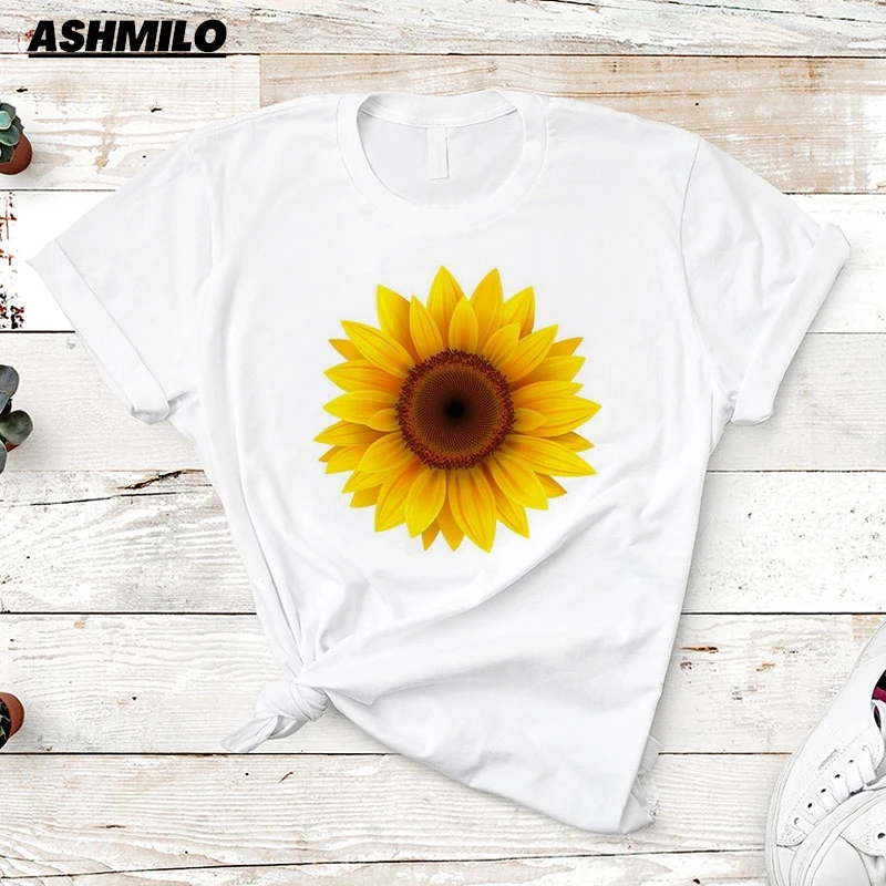 Women's T-shirt Casual Kawaii Sunflower Butterfly Pattern Print Tshirt Comfortable Funny Shirts Clothing Tees