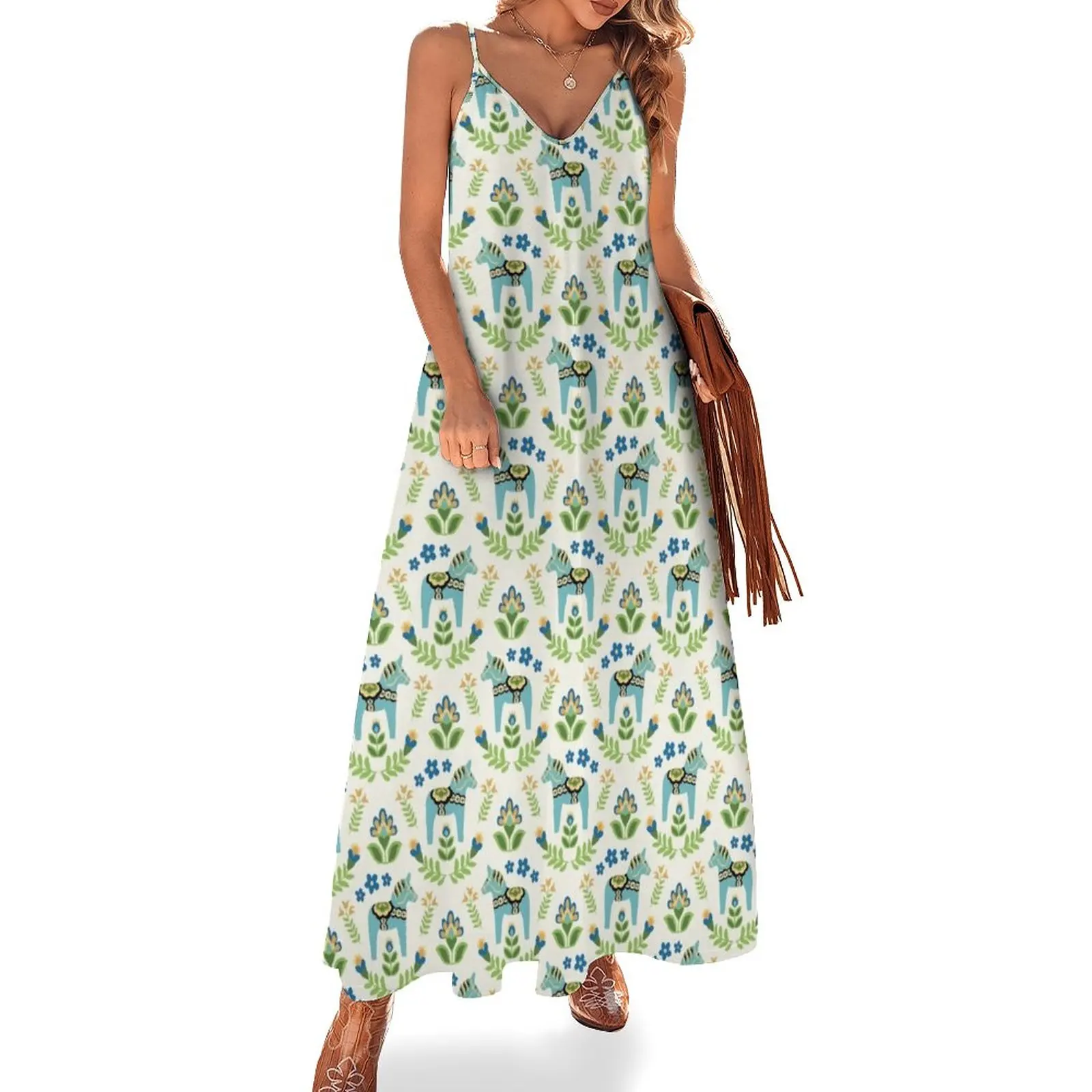 

New Swedish Dala Horses Teal Sleeveless Dress evening dress woman dress