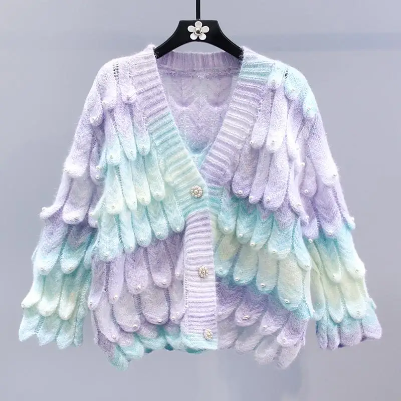 

2023 New Autumn Winter Rainbow Gradient Lazy Style Loose V-neck Long Sleeved Hollow Knitted Cardigan Sweater