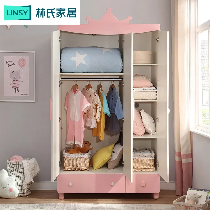 Simple small bedroom three-door children's wardrobe girl princess storage wardrobe wooden