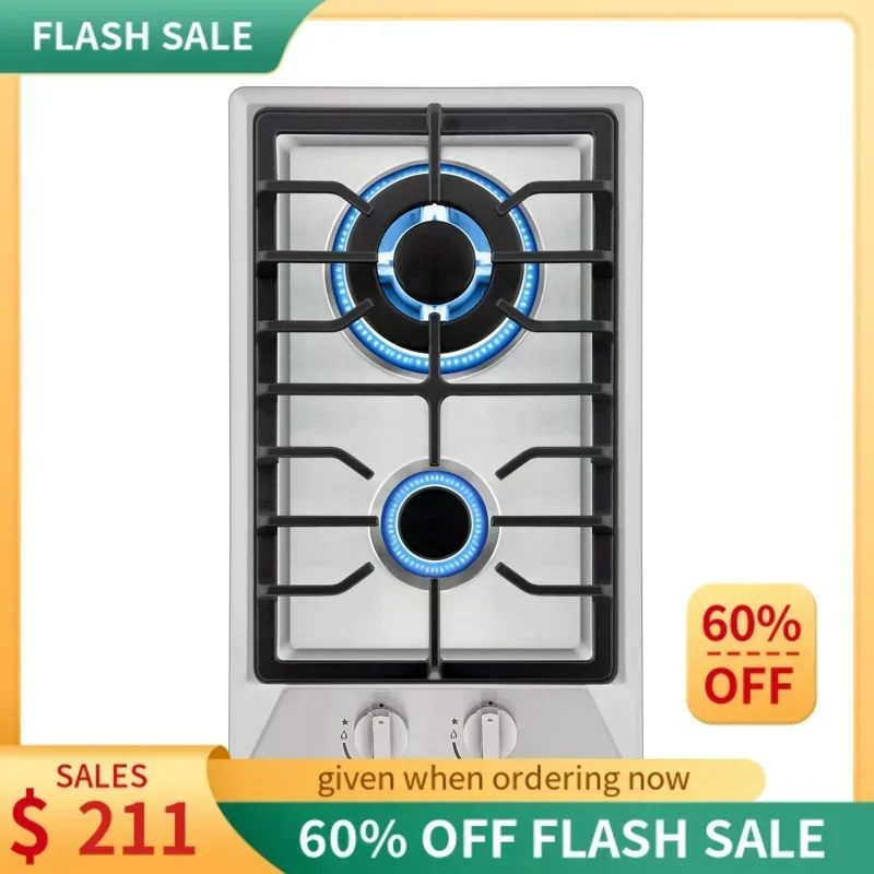 QWQJQW12" Empava Gas Stove Cooktop with 2 Italy Sabaf Sealed Burners NG/LPG Convertible in Stainless Steel,12 Inch