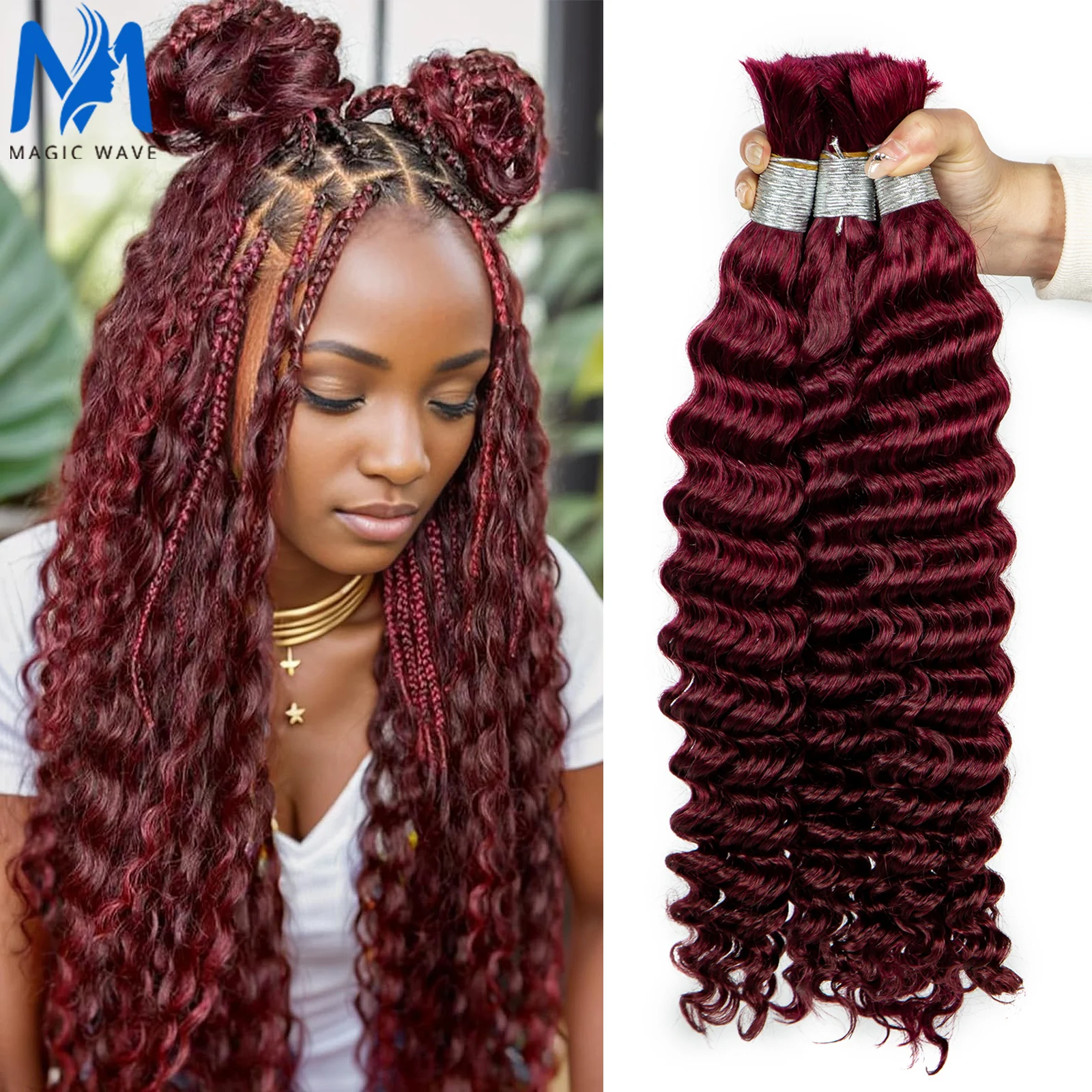 

Deep Wave Burgundy 99J Human Hair Bulk for Braiding No Weft 100% Virgin Hair 26 28 Inch Bundles Curly Braiding Hair for Women