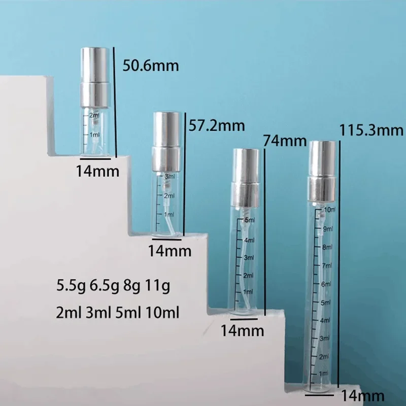 50pcs 2ml 3ml 5ml 10ml Scale Glass Perfume Spray Bottle Empty Clear Cosmetic Bottles Atomizer Refillable Sample Vials