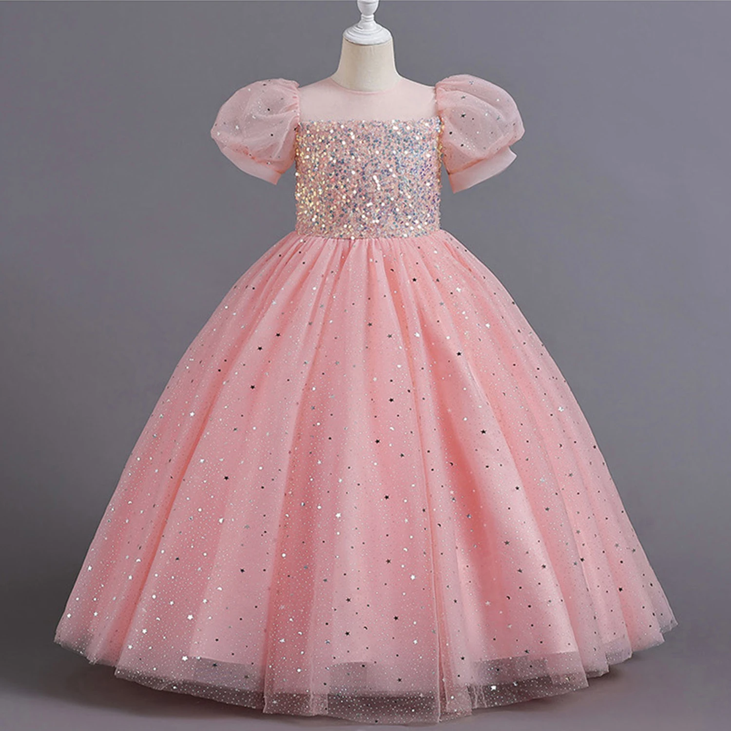 Shiny Toddler Little Big Girls Sequined Puff Sleeves Flower Girl Birthday Party Pageant Formal Evening Dress 2