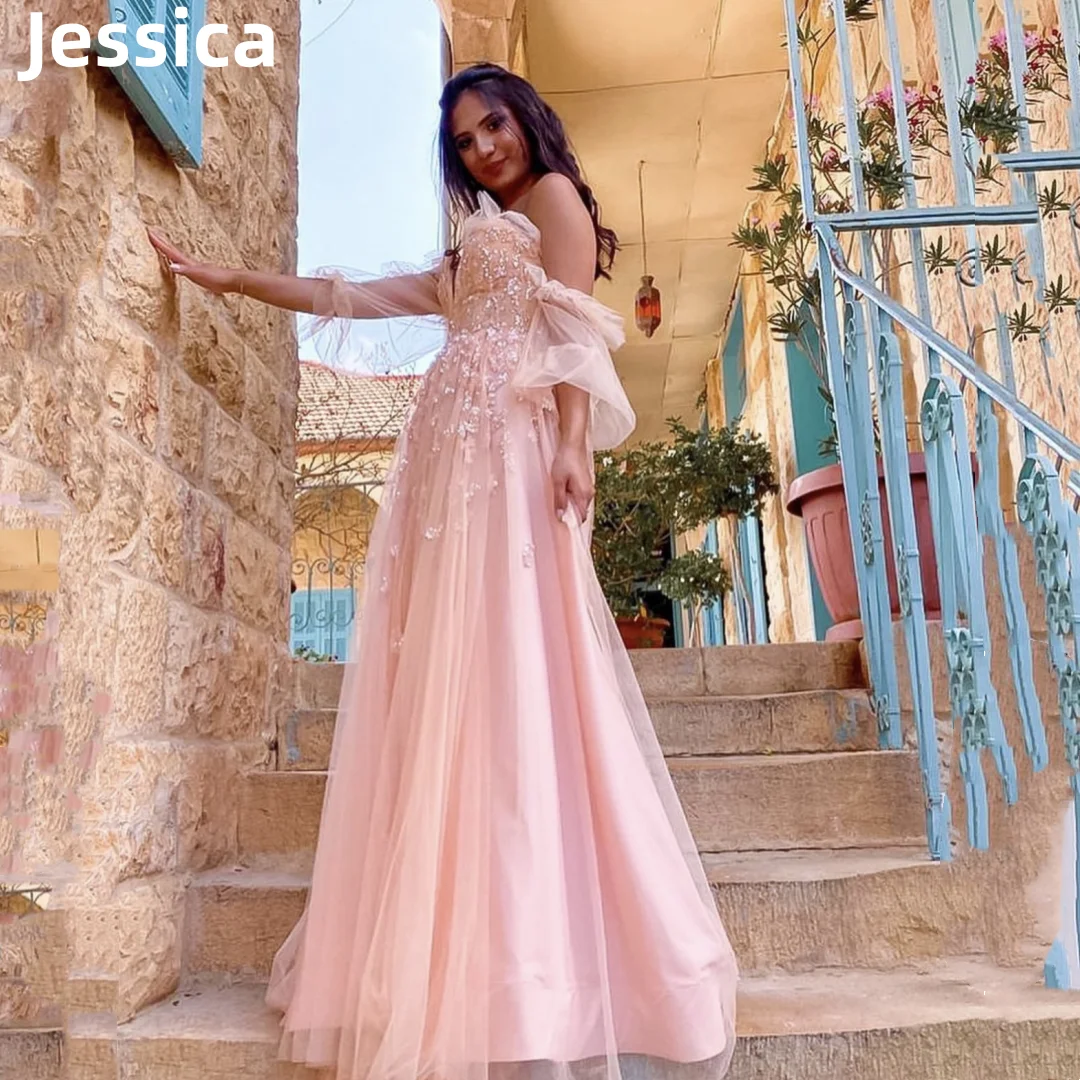 

Jessica Sweetheart Pink Prom Dresses Tulle Appliqué Evening Dresses 2024 Vestidos De Noche Princess Puff Sleeves Party Dressese