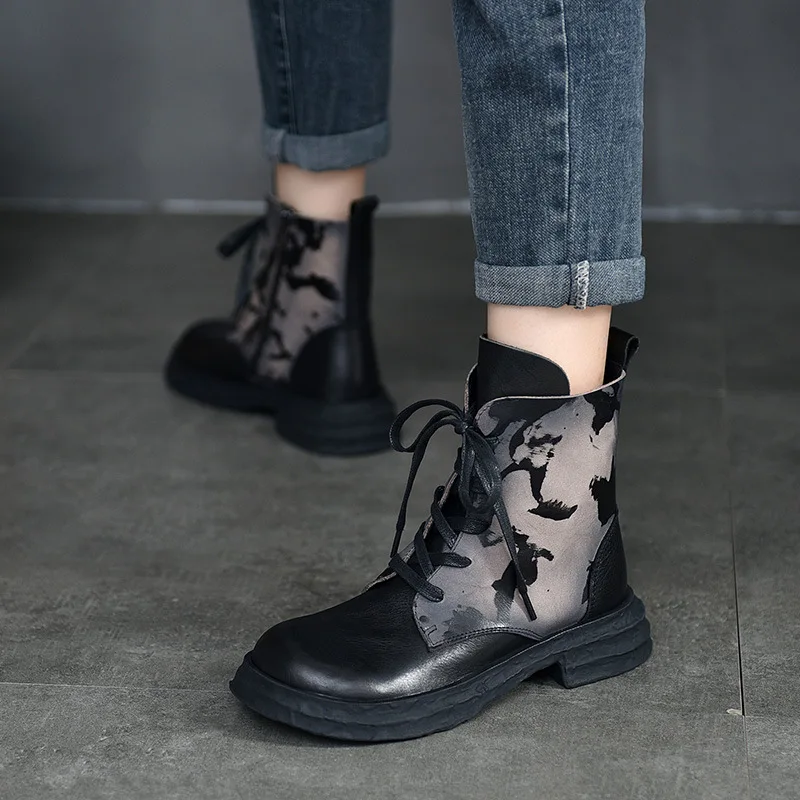 

Emboridery Ankle Boots Women Leather Shoes Handmade Genuine Leather Women Knight Boots Horse Style Retro Lace Up Brand2023