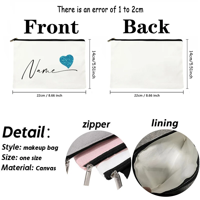 Heart Custom Name Simple Makeup Bag Organizer Travel Cosmetic Canvas Storage Pouch Women Pencil Case Purse Wedding Spouse Gift 5