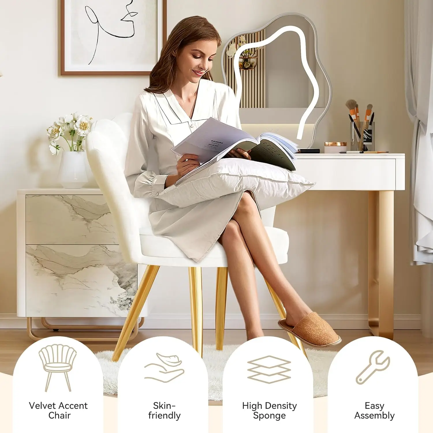 Velvet Accent Chair with Gold Metal Legs, Vanity Chair for Makeup Room, Upholstered Guest Chair for Living Room