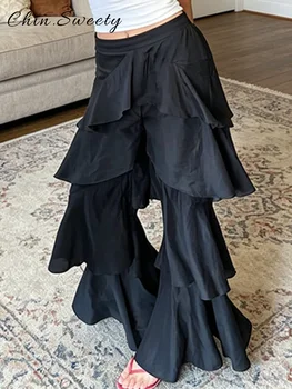 Fashion Women's Solid Cascading Ruffles Flare Pants Loose High Waist Female Wide Leg Trousers 2026 Summer Lady  Chic Street Pant