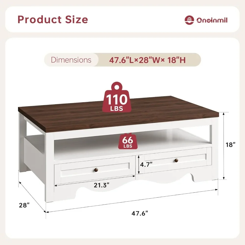 Farmhouse Coffee Table with Storage, 47.6" Coffee Tables with 4 Large Drawers, Spacious Tables, Top Center Table for Living Room 2