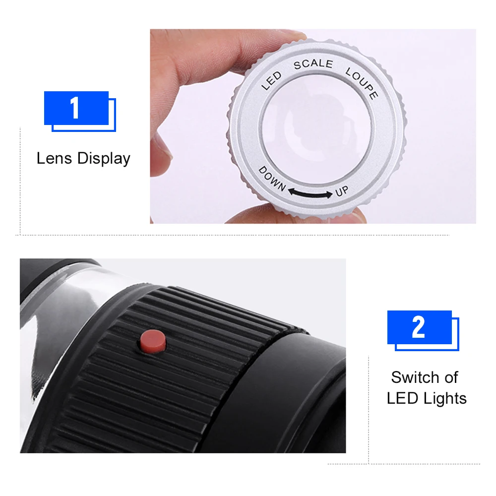 Jewelry Magnifying Glass LED Scale Loupe 30X Adjustable Magnification Metal Cylinder Mirror