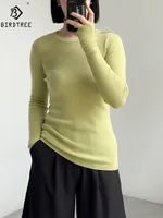 Birdtree 100%Pure Wool Elegant Thin Sweater, Women O Neck Long Sleeve, Basics Bottom Knit Tops, 2025 Winter Autumn New T46839QM