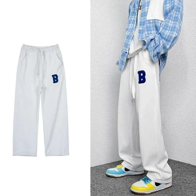 High Street Sports Trendy Straight Casual Pants Men Embroidery Loose Elastic Waist Sports Drawstring Pockets Wide Leg Trousers