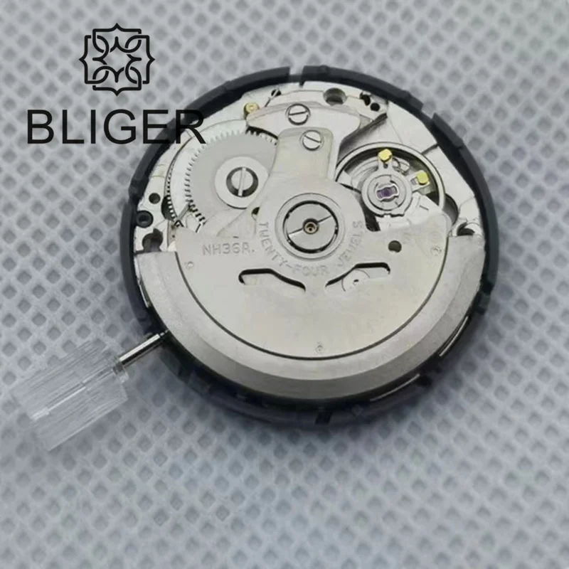 BLIGER NH36 Automatic Movement Black Date Week 3'Oclock Crown 3.8 O'clock Crown Watch Mechanical Replacement Parts