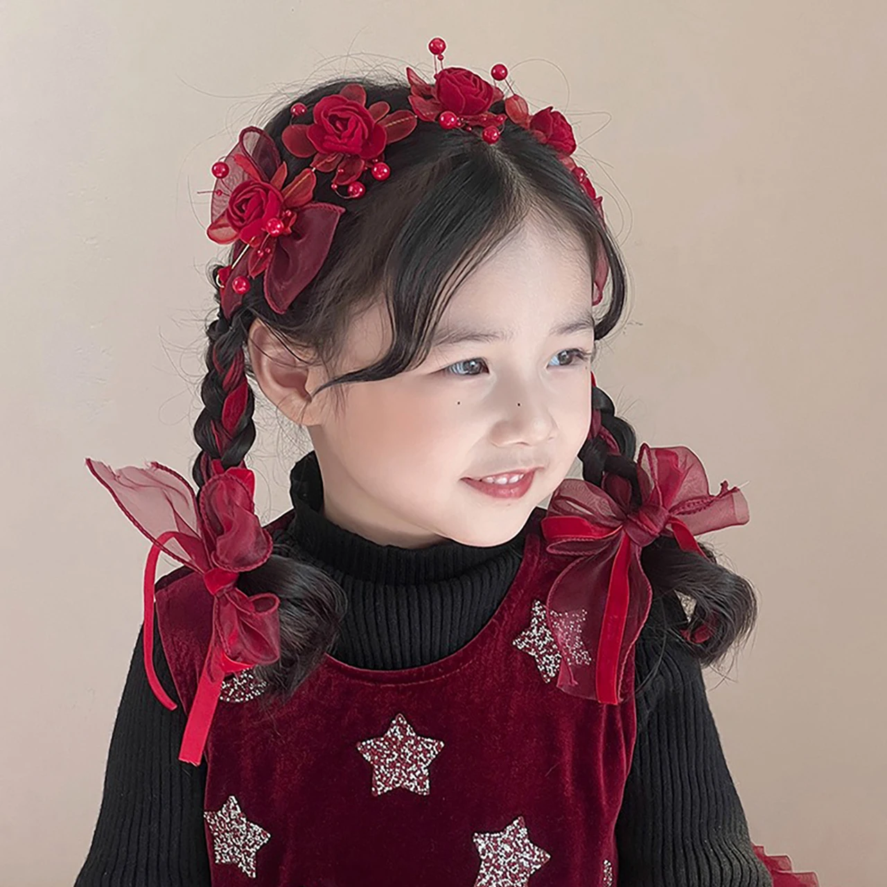 여아 빨간색 새해 왕관  머리띠 꽃 머리띠 여자아이 나비 땋은 리본 머리띠 어린이 미끄럼 방지 헤어밴드