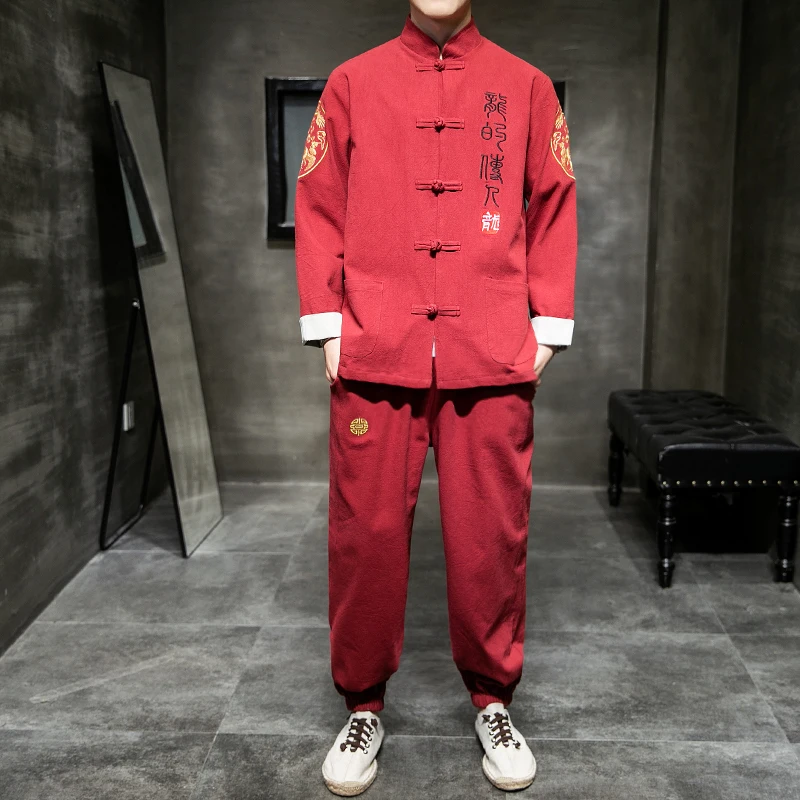 

Autumn Men's Sets Sinicism Arm Embroidery Jacket Retro Cotton Linen Tops Tang Suit Chinese Traditional Hanfu Jackets +Trousers