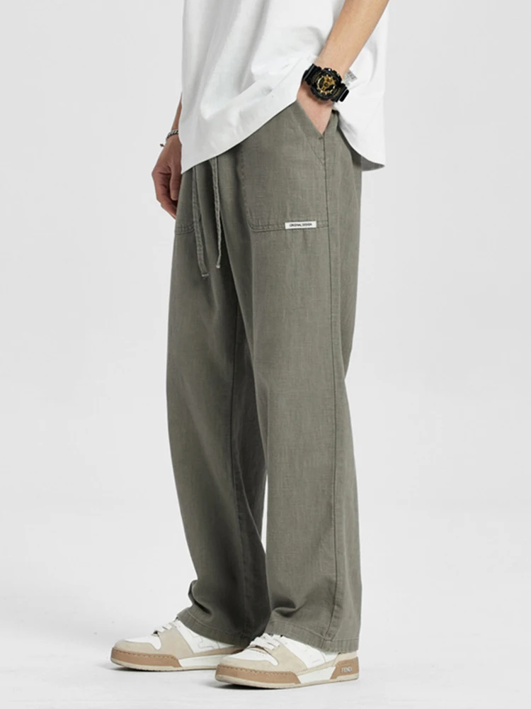 Summer Linen Pants Men Straight Loose Sweatpants Breathable Cotton Solid Drawstring Husband Home Trousers Male Long Casual Pant