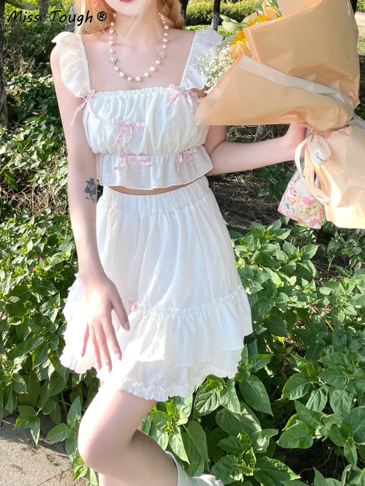 Japanese Sweet Kawaii Twopiece Set Women's White Mini Skirt And