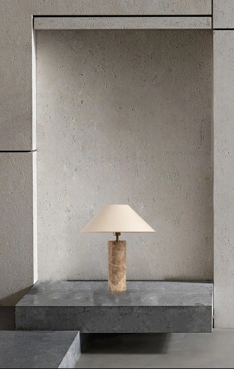 Nordic Cylindrical Marble LED Table Lamp White Fabric Lampshade Living Room Study Restaurant Bedroom Desk Lights Home Decoration