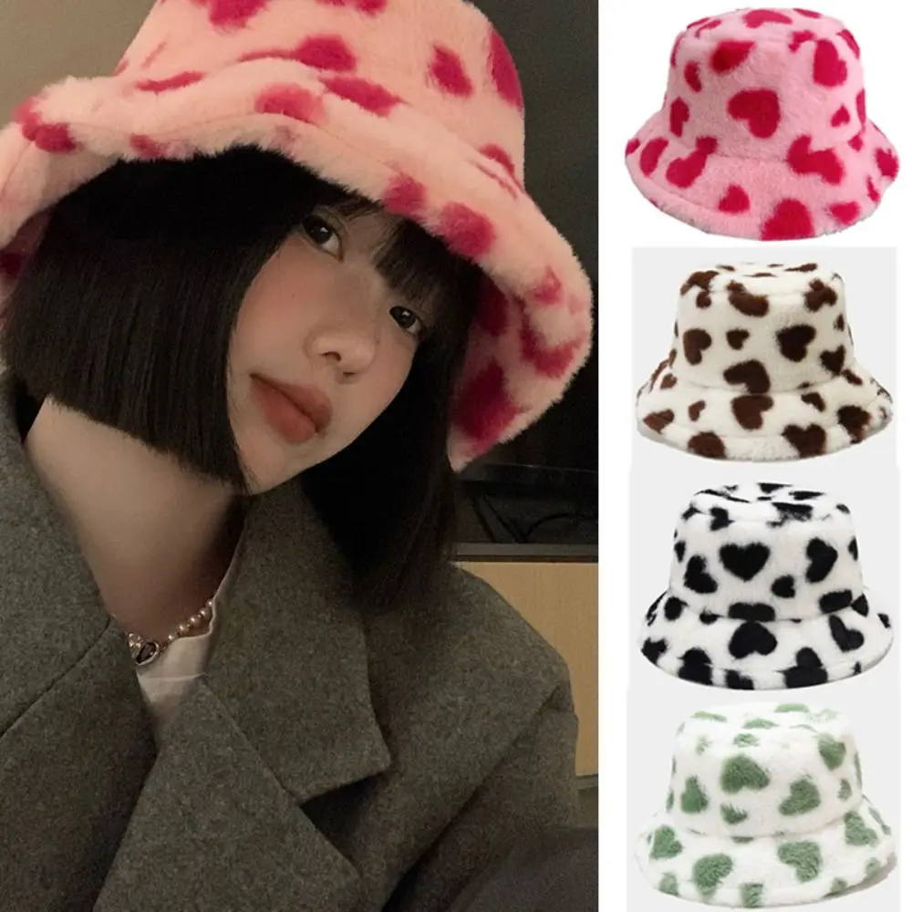 

Love Heart Bucket Hat Fashion Thicken Plush Winter Hat Soft Warm Cloche Hats Women