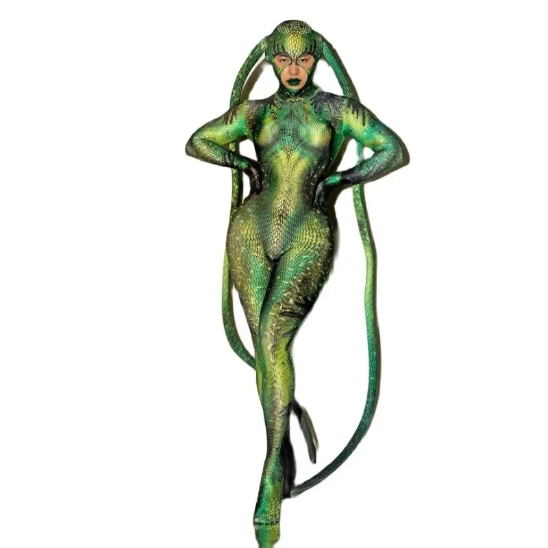 

Green bodysuit snake Spandex Stretch Skinny Jumpsuit Men Women Cosplay Costume Halloween Rave Party Role-playing Stage Clothes