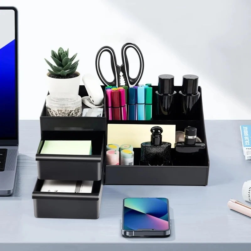 Black Desk Organizer with Drawers, Multi-Compartment Storage Box for Stationery, Makeup and Accessories - 2